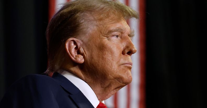 A side profile few of Donald Trump during the New Hampshire Republican primary