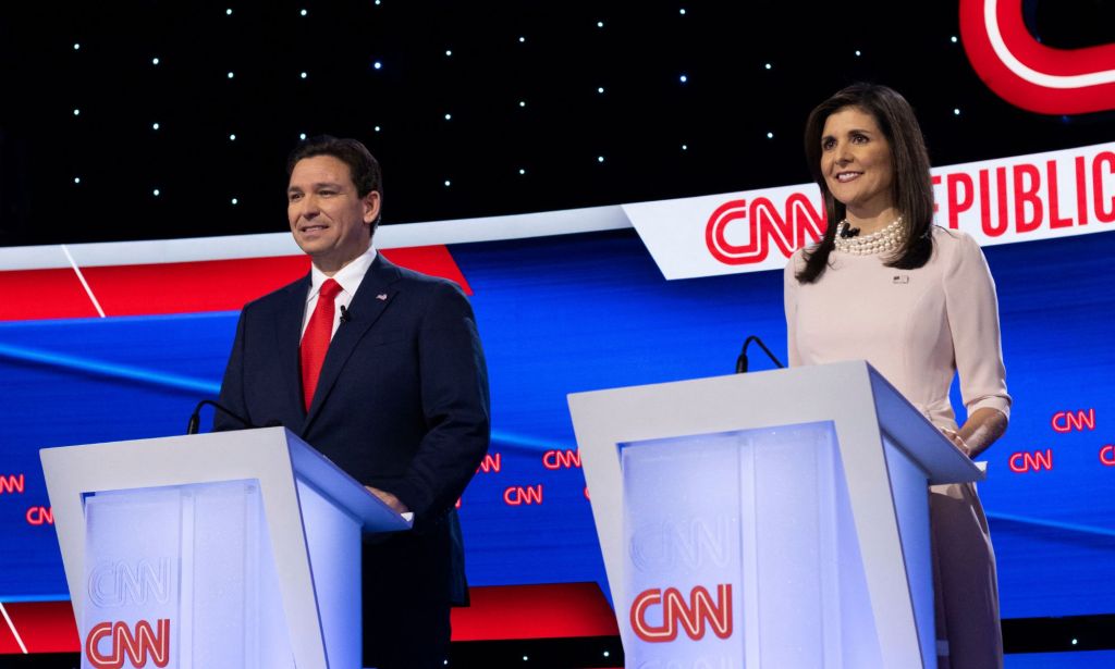 Ron DeSantis and Nikki Haley, who've both been suggested in the past as vice president picks for Donald Trump, stand at podiums during a Republican presidential candidate debate