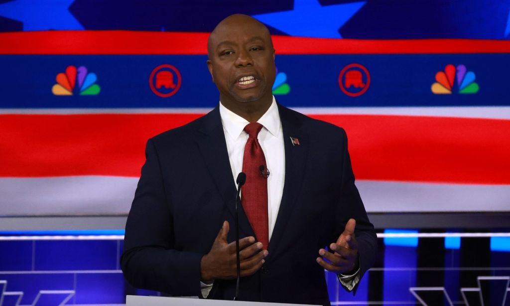 South Carolina senator Tim Scott, who has been suggested as a vice president for Donald Trump, wears a suit and tie as he speaks during a Republican presidential debate