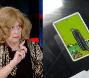 Side by side images of a psychic doing a reading for Donald Trump on Fox News' Jesse Watters Primetime with a picture of the tarot card she drew