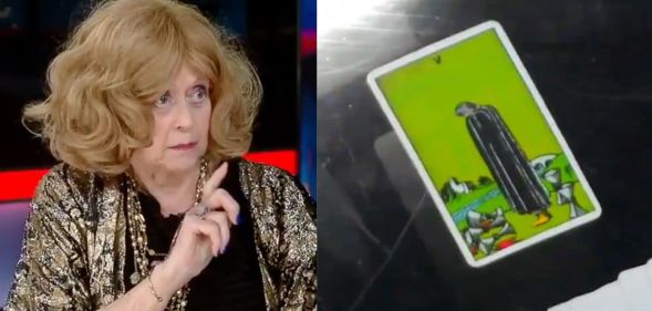 Side by side images of a psychic doing a reading for Donald Trump on Fox News' Jesse Watters Primetime with a picture of the tarot card she drew