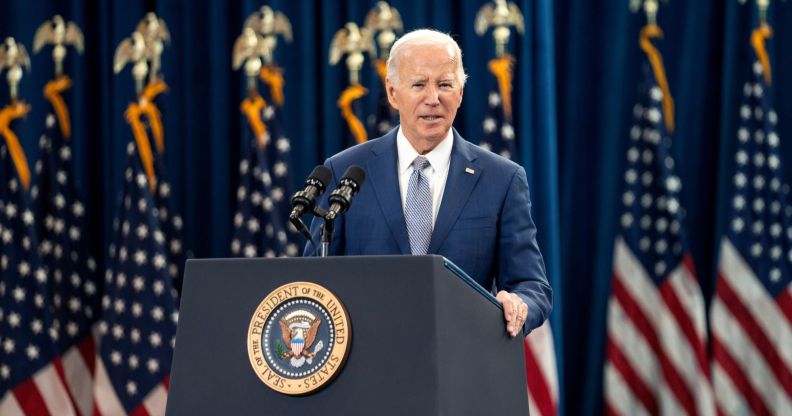 President Joe Biden speaks at a podium while announcing new initiatives expanding access to abortion and contraception on the anniversary of the Roe v Wade ruling