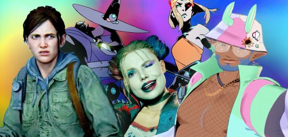 A graphic composed of various LGBTQ+ video game characters – including Harley Quinn, Ellie from The Last of Us II, a character from Spirit Swap and Hades II – in front of a rainbow coloured background