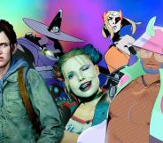 A graphic composed of various LGBTQ+ video game characters – including Harley Quinn, Ellie from The Last of Us II, a character from Spirit Swap and Hades II – in front of a rainbow coloured background