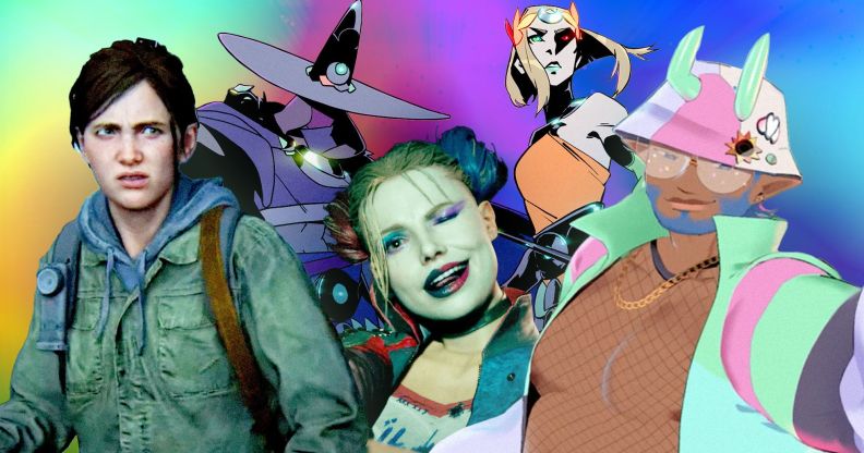 A graphic composed of various LGBTQ+ video game characters – including Harley Quinn, Ellie from The Last of Us II, a character from Spirit Swap and Hades II – in front of a rainbow coloured background