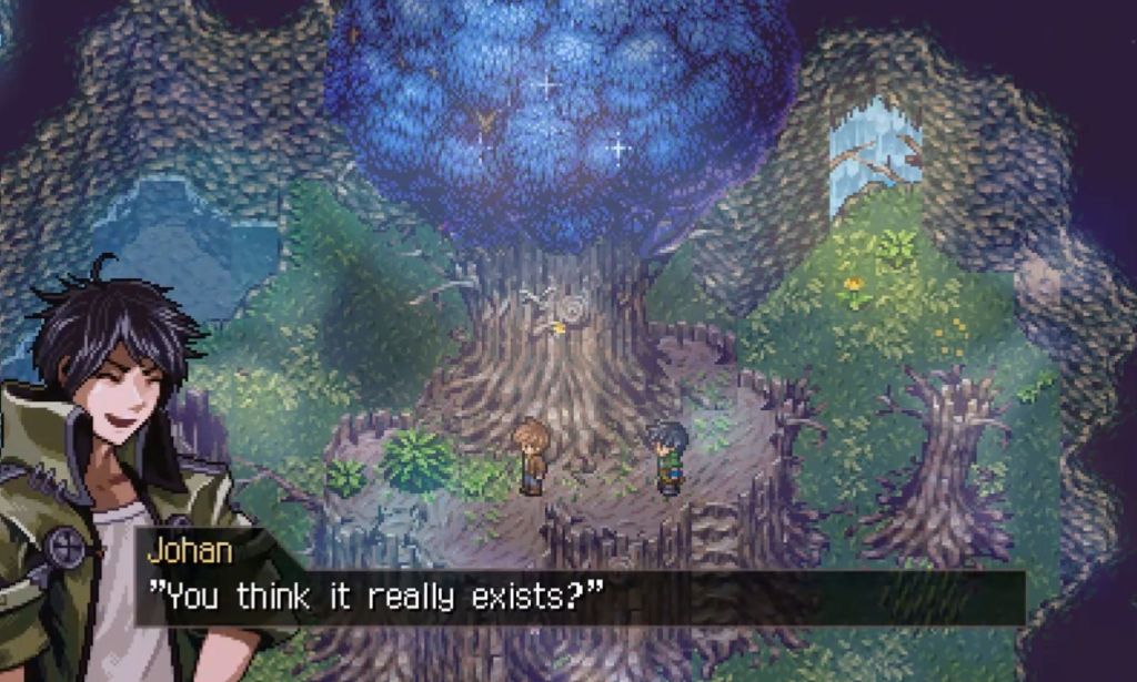 A screenshot of video game character Johan saying "do you believe it exists" as he stands alongside another male character in Beloved Rapture, a video game with LGBTQ+ characters