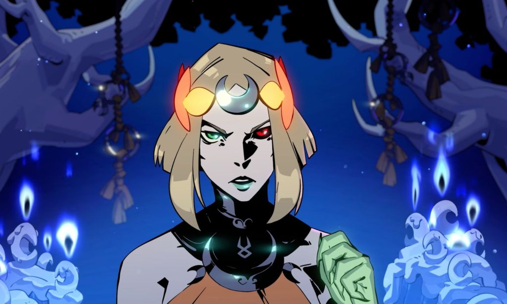 A screenshot of Underworld princess Melinoë, who has a glowing green hand, from Hades II, a video game with LGBTQ+ characters