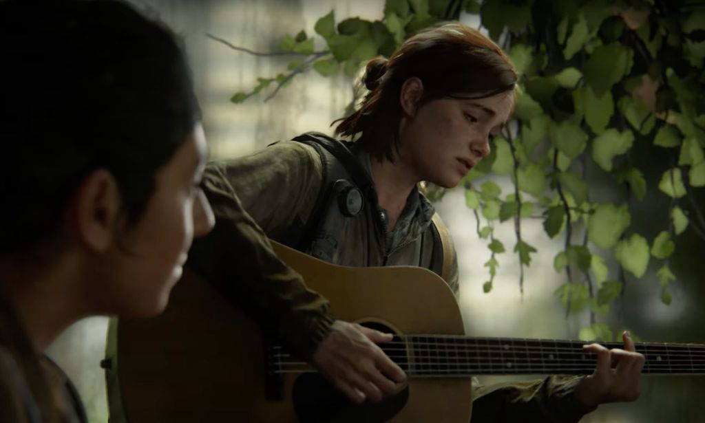 A screenshot of Ellie playing a guitar in The Last of Us II remastered, a video game with LGBTQ+ characters