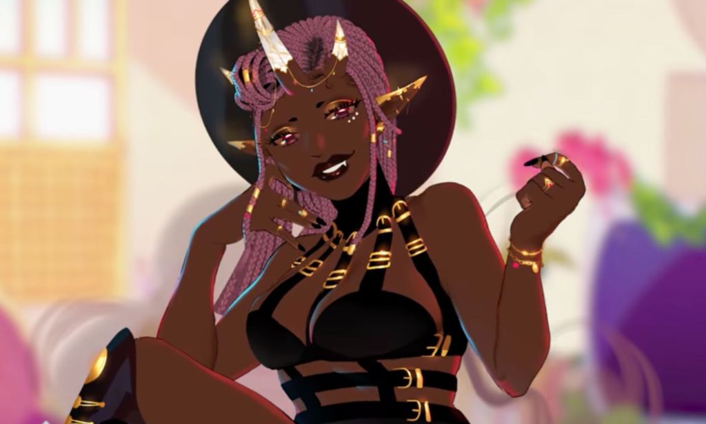 A screenshot of a witchy demon character wearing gold jewellery in Spirit Swap, a video game with LGBTQ+ characters