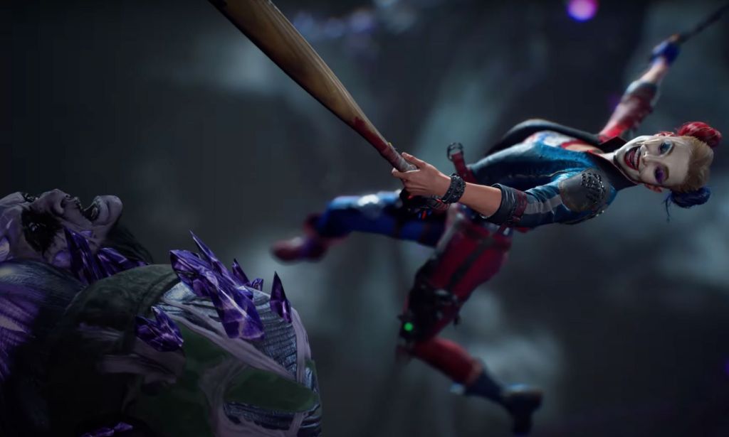 A screenshot of Harley Quinn swinging from the roof as she hits an enemy with a bat in Suicide Squad: Kill the Justice League, a video game with LGBTQ+ characters