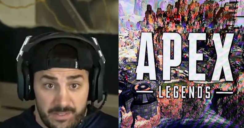 side by side images of video game streamer Nickmercs alongside a loading screen for Apex Legends – which is a very LGBTQ+ inclusive battle royale game