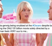 Photo shows a screengrab from the 2023 film Barbie with Margot Robbie standing in between two arguing men (both Kens)