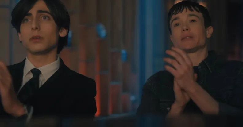 Aidan Gallagher and Elliot Page in a still from the final season of The Umbrella Academy.