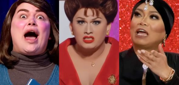 Left-right: Baga Chipz as Kathy Bates in Misery, Jinkx Monsoon as Judy Garland and Jujubee as Eartha Kitt in RuPaul's Drag Race UK Snatch Game performances