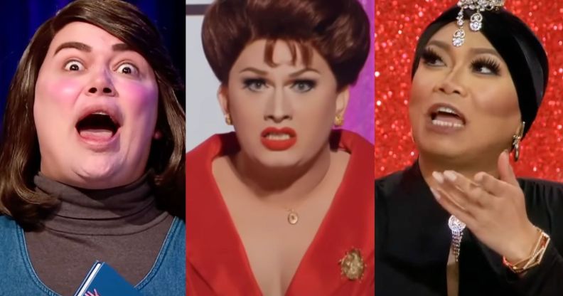 Left-right: Baga Chipz as Kathy Bates in Misery, Jinkx Monsoon as Judy Garland and Jujubee as Eartha Kitt in RuPaul's Drag Race UK Snatch Game performances