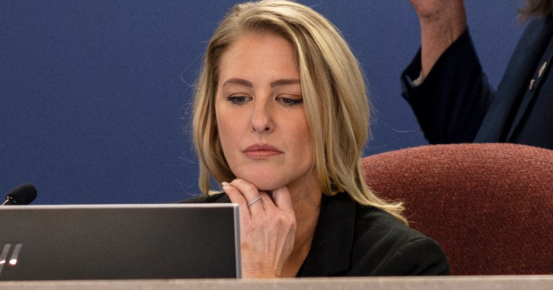 SARASOTA, FL - DECEMBER 12: Board member Bridget Ziegler, seated at a Sarasota County School Board meeting in Sarasota, Fla. on Tuesday December 12, 2023. Detractors called for the resignation of Ziegler, seen as anti-LGBTQ+ while admitting to having sexual relations with her husband Christian Ziegler and another woman. (Photo by Thomas Simonetti for The Washington Post)