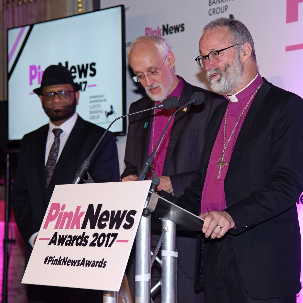 The Right Reverend Dr Alan Wilson, the Bishop of Buckingham (far right) speaking at the PinkNews Awards 2017. (PinkNews)