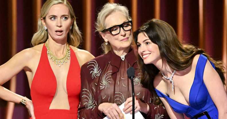 The Devil Wears Prada cast, Emily Blunt, Meryl Streep and Anne Hathaway speak onstage at the 30th Annual Screen Actors Guild Awards in Los Angeles, California.