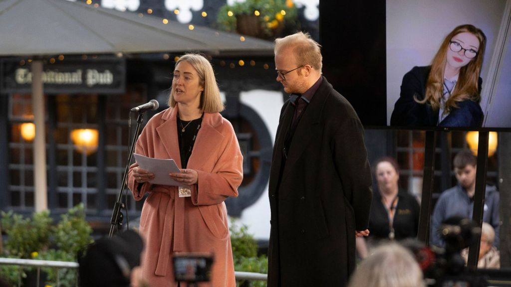 Esther Ghey, Mother of Brianna Ghey, speaks at a vigil to mark the 1 year anniversary of Brianna's death in the Old Market Hall on February 11, 2024 in Warrington, England