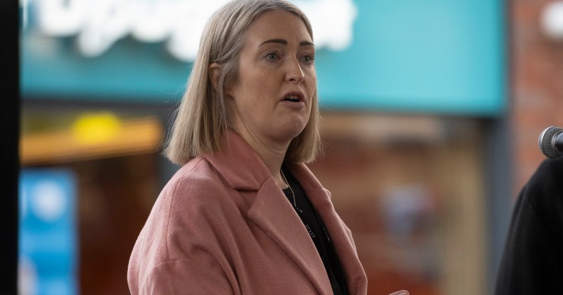 WARRINGTON, ENGLAND - FEBRUARY 11: Esther Ghey, Mother of Brianna Ghey, speaks at a vigil to mark the 1 year anniversary of Brianna's death in the Old Market Hall on February 11, 2024 in Warrington, England. Brianna Ghey, a 16-year-old transgender girl, was murdered in Culcheth Linear Park a year ago by Scarlett Jenkinson and Eddie Ratcliffe, both 15 at the time. Both were jailed for life earlier this year. Easter Ghey, mum to Brianna, is calling for a crackdown on smartphone use for under-16s. (Photo by Ryan Jenkinson/Getty Images)