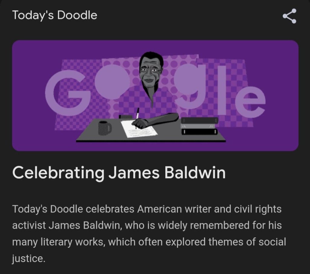 Image shows an illustration of James Baldwin integrated within the Google search engine logo.