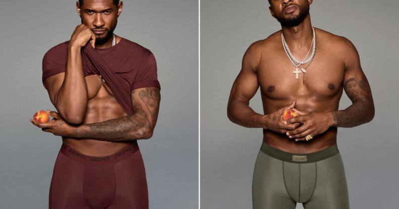 Composite image shows two photos of Usher, on the left he's wearing a burgundy t-shirt and matching tight undershorts, on the right he's wearing just a pair of green shorts