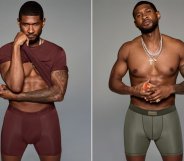 Composite image shows two photos of Usher, on the left he's wearing a burgundy t-shirt and matching tight undershorts, on the right he's wearing just a pair of green shorts