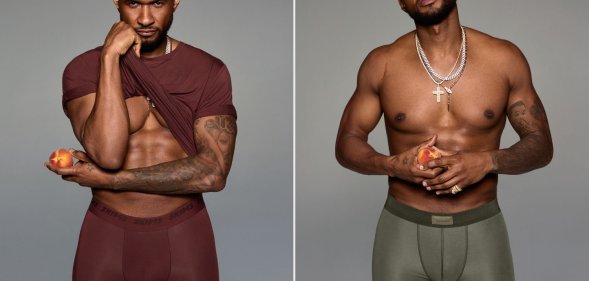 Composite image shows two photos of Usher, on the left he's wearing a burgundy t-shirt and matching tight undershorts, on the right he's wearing just a pair of green shorts