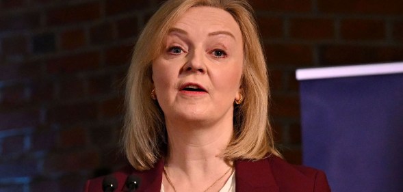 LONDON, ENGLAND - FEBRUARY 6: Former British Prime Minister Liz Truss speaks at the launch of the 'Popular Conservatives' movement on February 6, 2024 in London, England. PopCon, a new Conservative grouping in Britain and a fringe movement within the Conservative Party, aims to restore democratic accountability and champion popular conservative policies. Spearheaded by former Prime Minister Liz Truss, the campaign features the involvement of former Cabinet ministers Jacob Rees-Mogg and Ranil Jayawardena. (Photo by Leon Neal/Getty Images)