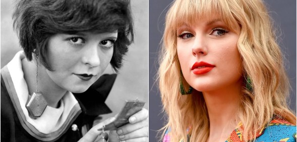 Image shows a black and white portrait of Clara Bow on the left, holding a makeup case, and a close up shot of Taylor Swift in colour on the right.