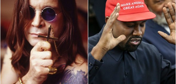 Split image showing Ozzy Osbourne, left, holding a cross, and Kanye West, right, wearing a Make America Great Again hat.
