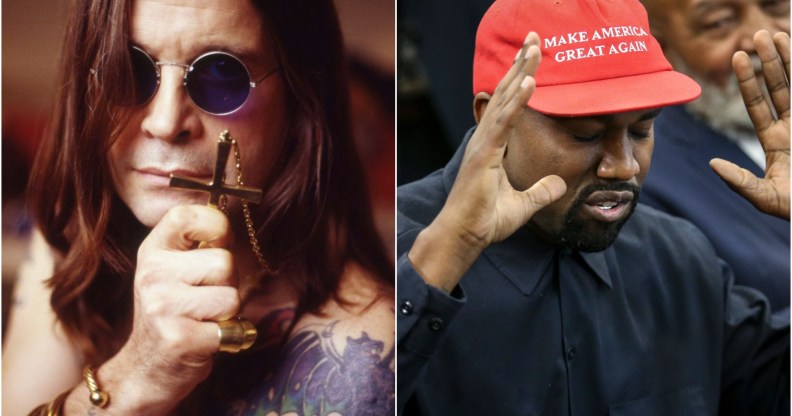 Split image showing Ozzy Osbourne, left, holding a cross, and Kanye West, right, wearing a Make America Great Again hat.