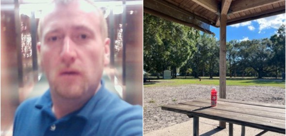 Composite image showing John Walter Lay on the left, and a picnic bench at the dog park on the right.
