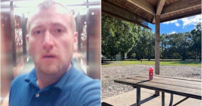 Composite image showing John Walter Lay on the left, and a picnic bench at the dog park on the right.