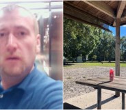 Composite image showing John Walter Lay on the left, and a picnic bench at the dog park on the right.