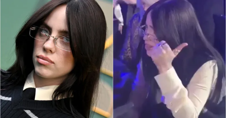 Left: Billie Eilish smoulders on the People's Choice Awards red carpet on the right she speaks to Kylie Minogue behind her hand about the 'TikTokers' at the event