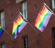 LGBT Pride flags on the side of a building