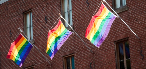 LGBT Pride flags on the side of a building