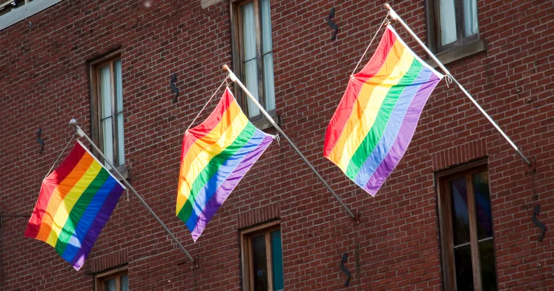 LGBT Pride flags on the side of a building
