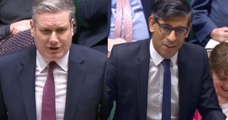 Labour leader Keir Starmer (left) and prime minister Rishi Sunak (right) during the Prime Minster's Questions exchange where Sunak make a trans jibe in front of Brianna Ghey's mother
