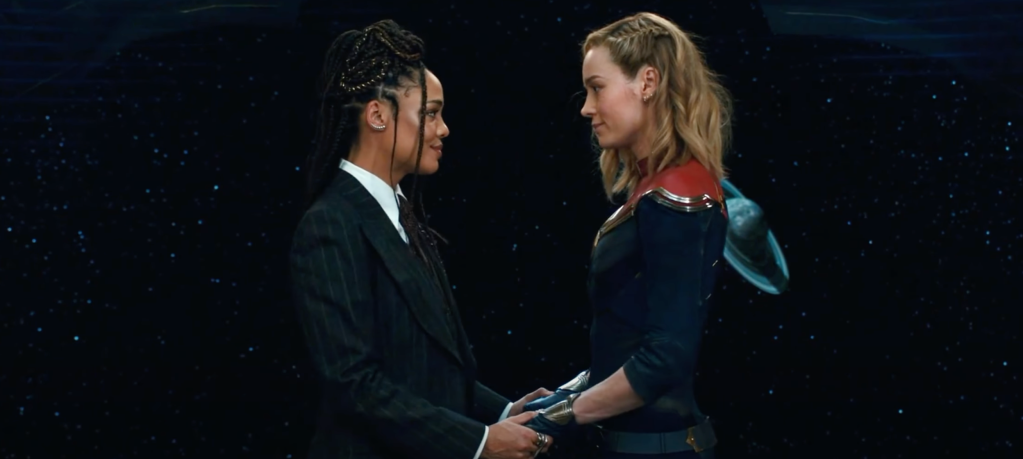 Tessa Thompson as Valkyrie (let) and Brie Larson as Captain Marvel (right) in The Marvels