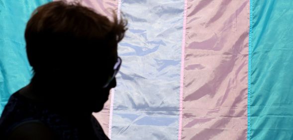 A silhouette of a person infront of a trans pride flag.
