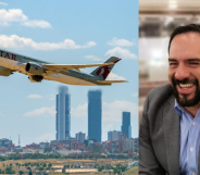 On the left is a picture of a plane taking off, on the right is a picture of Manuel Guerrero Aviña, he is smiling, has a beard and is wearing a suit
