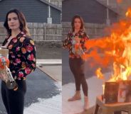 Video screenshots of Missouri Republican candidate Valentina Gomez taking a flamethrower to a pile of LGBTQ+ books