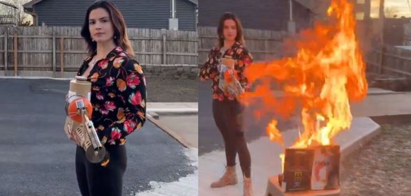 Video screenshots of Missouri Republican candidate Valentina Gomez taking a flamethrower to a pile of LGBTQ+ books