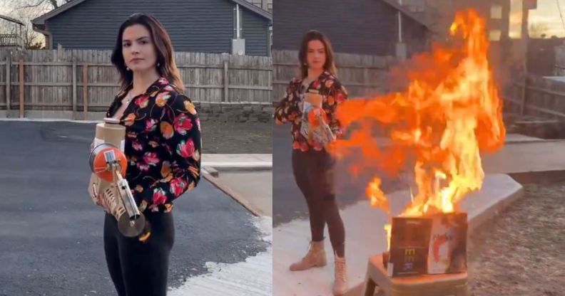 Video screenshots of Missouri Republican candidate Valentina Gomez taking a flamethrower to a pile of LGBTQ+ books