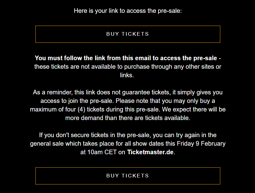 The ticket presale email for Adele in Munich.