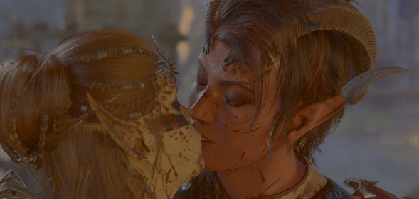 A screenshot from Baldur's Gate 3, showing characters Lae'zel and Karlach sharing a kiss.