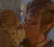 A screenshot from Baldur's Gate 3, showing characters Lae'zel and Karlach sharing a kiss.