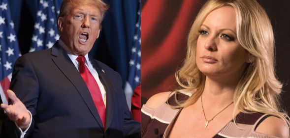 side by side images of former president Donald Trump before supporters and adult film star Stormy Daniels